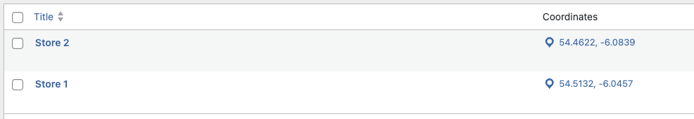Locations list view with coordinates column showing lat/lng and map link