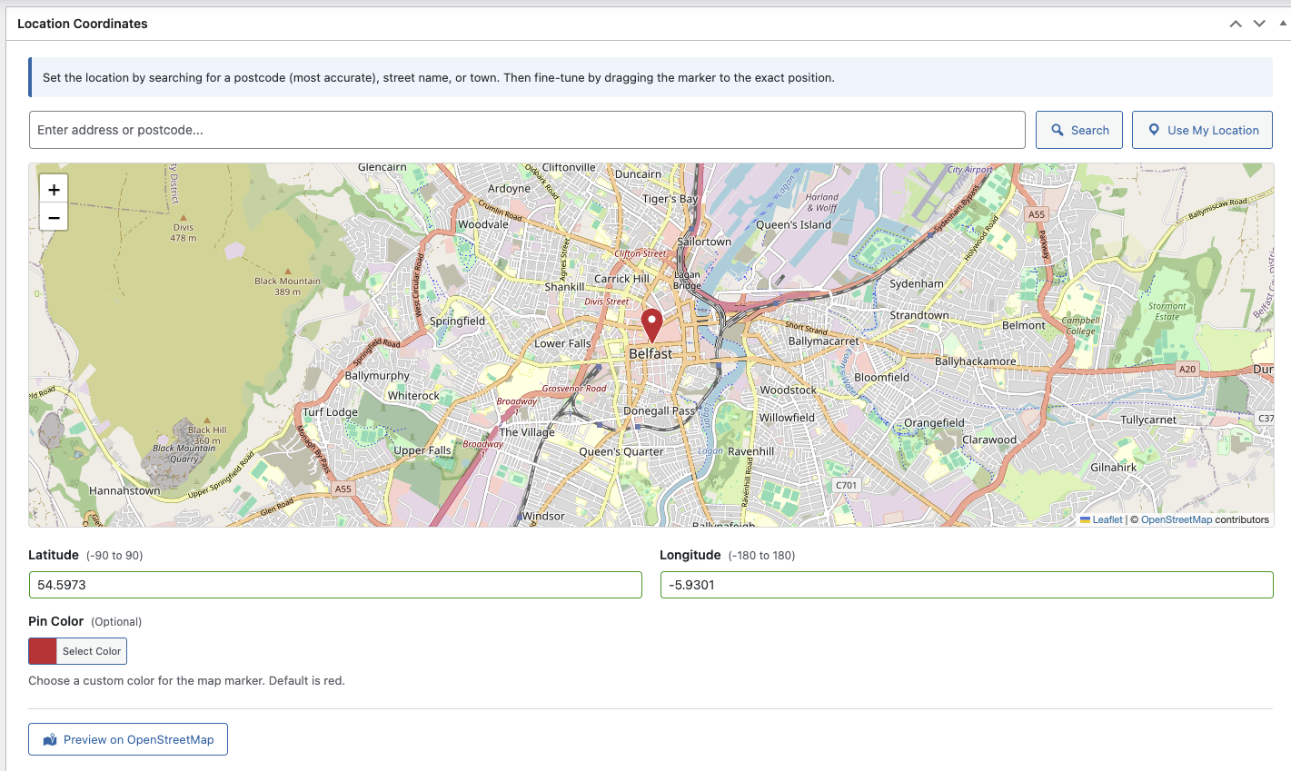 WooCommerce product edit screen with Location Coordinates metabox