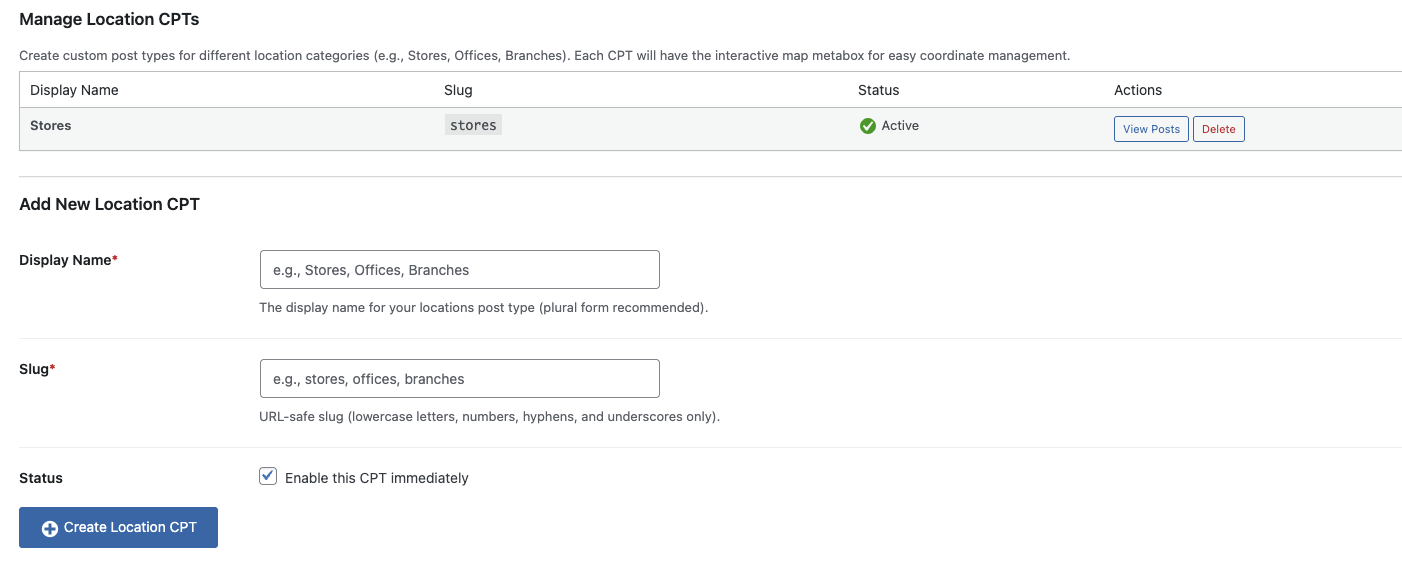 TC Locations Settings page with Locations CPT tab selected
