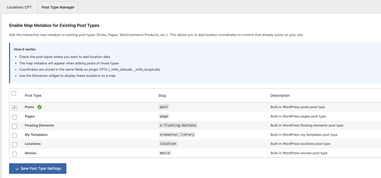 Post Type Manager tab with checkboxes for Posts, Pages, Products