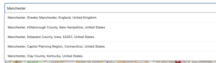 Autocomplete dropdown showing address suggestions