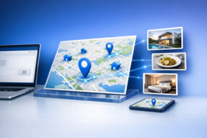 A digital map display with blue location pins and images of a house, meal, and hotel, alongside a laptop and tablet on a desk