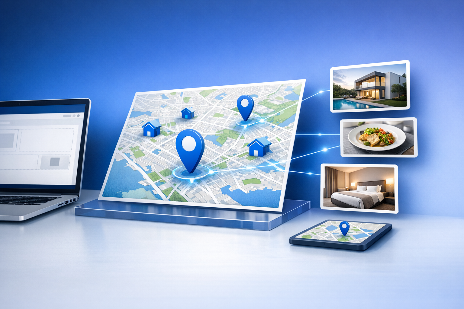 A digital map display with blue location pins and images of a house, meal, and hotel, alongside a laptop and tablet on a desk