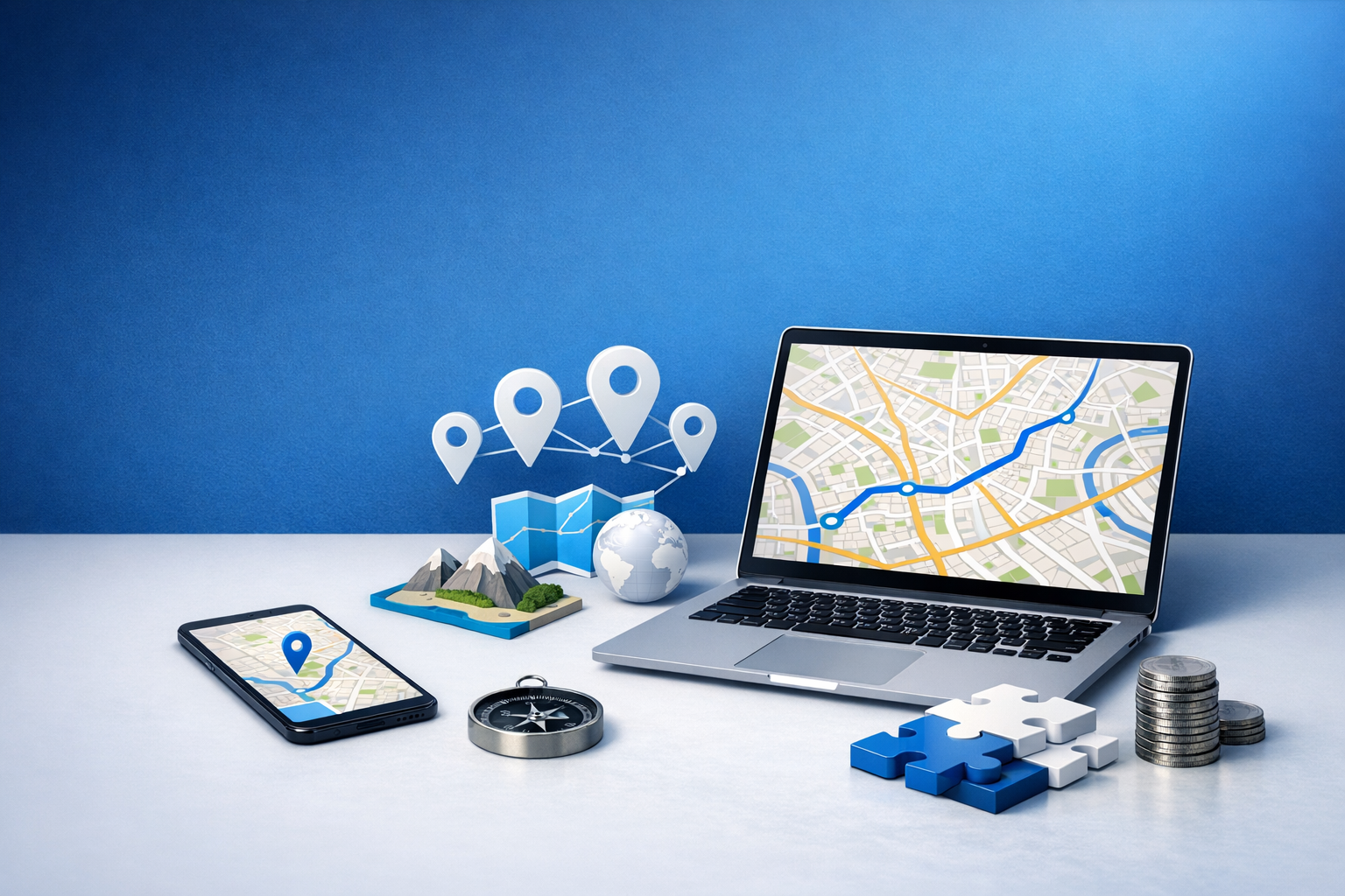 A laptop and smartphone displaying maps, surrounded by a globe, mountains, location pins, a compass, and stacks of coins