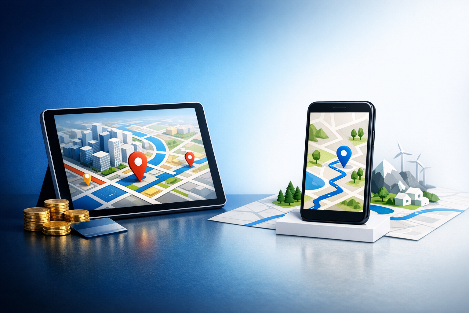 A tablet and a smartphone displaying maps with location pins, alongside coins and a stylized paper map featuring landscapes