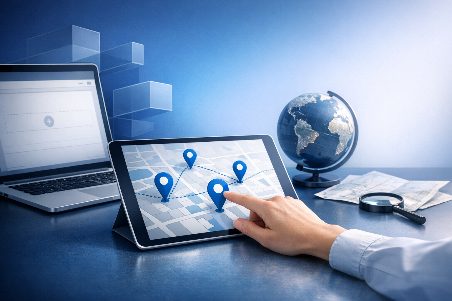 A person touches a tablet displaying a map with location markers, next to a laptop and a globe on a desk