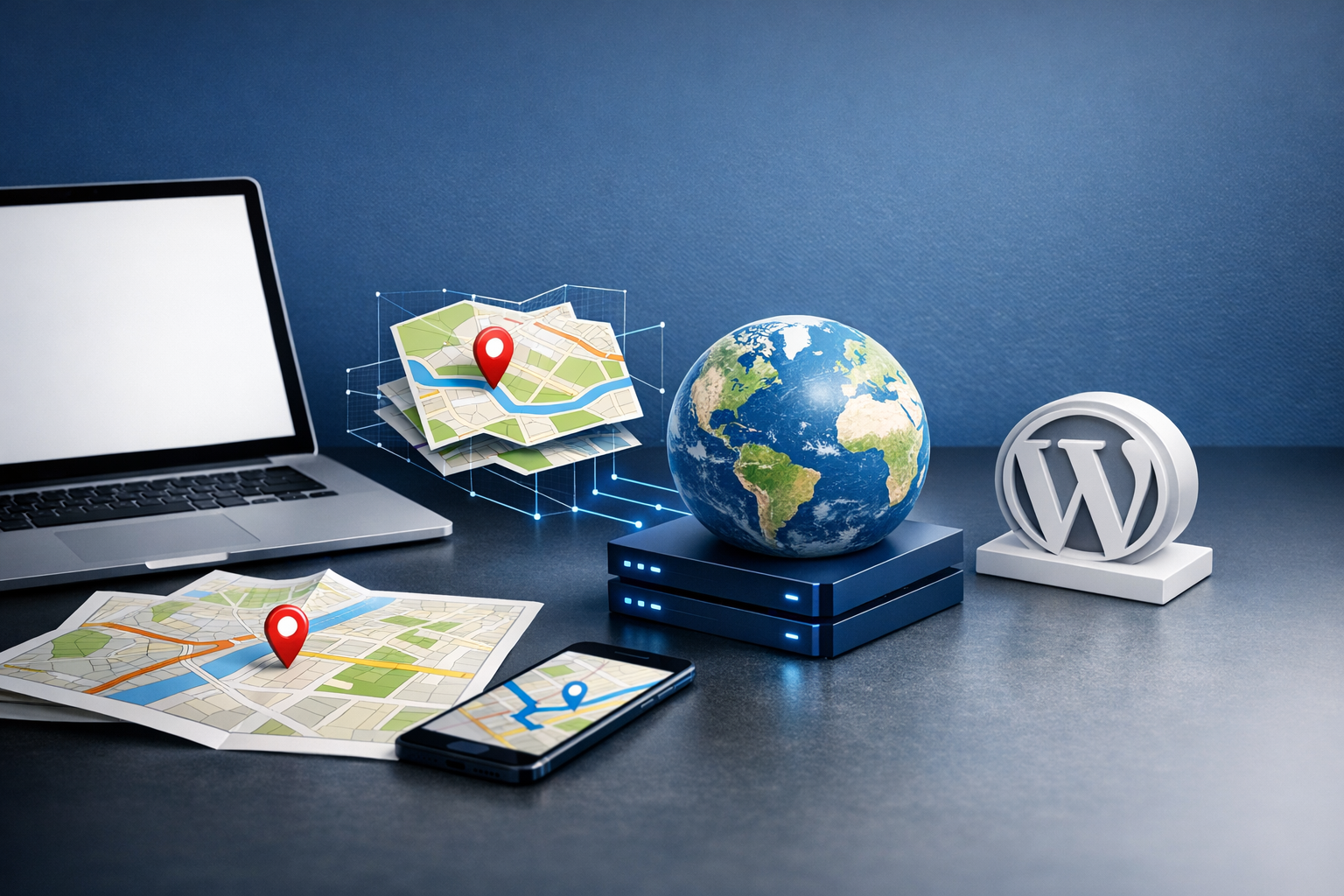 A laptop, a smartphone, and a globe are placed on a table, alongside maps with red location markers, representing digital