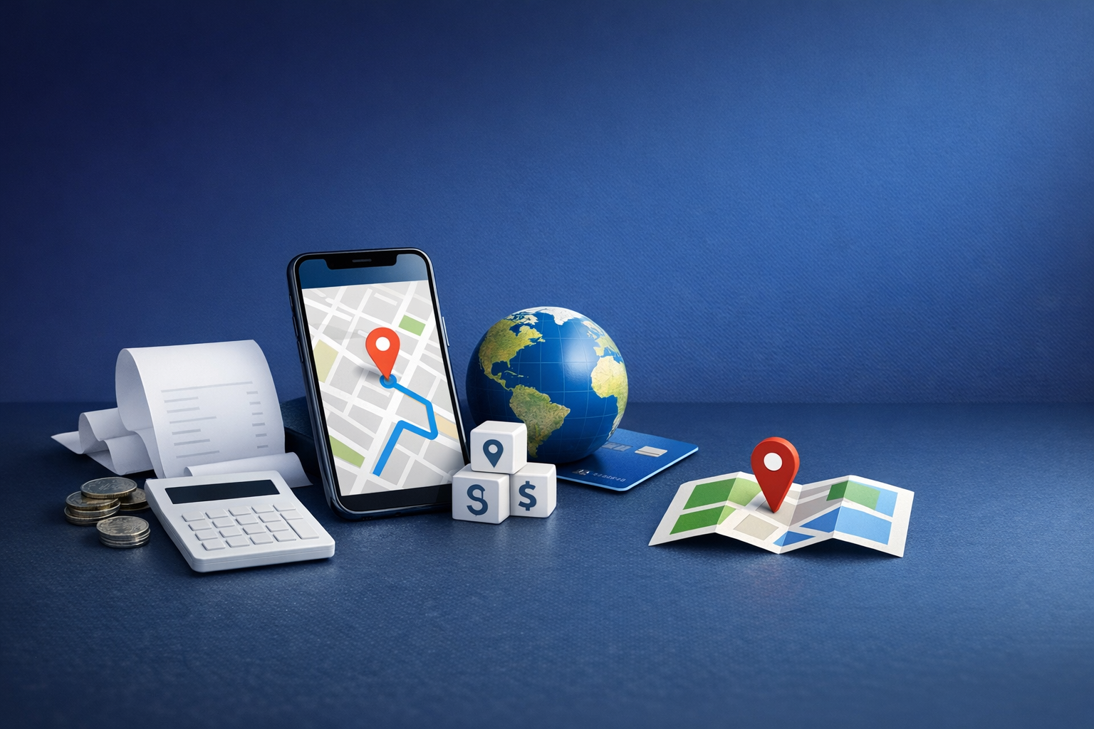 A smartphone displaying a map with a route, a globe, a calculator, coins, and paper maps with location markers