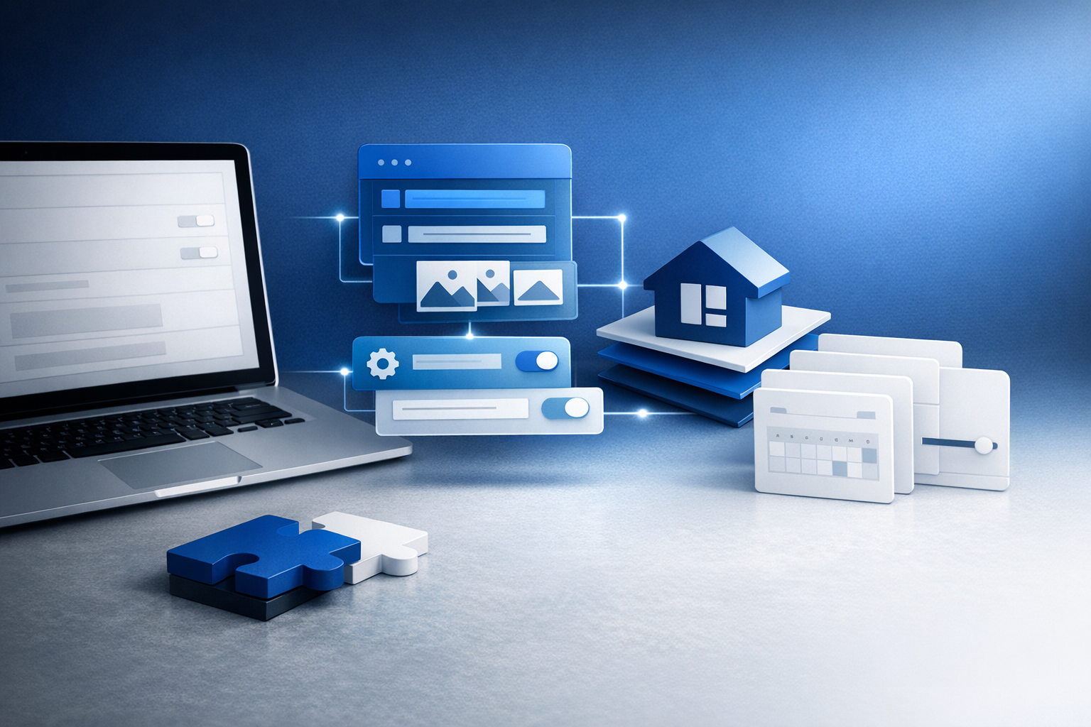 A laptop displaying user interface elements and data management icons, including a house symbol and puzzle piece, set