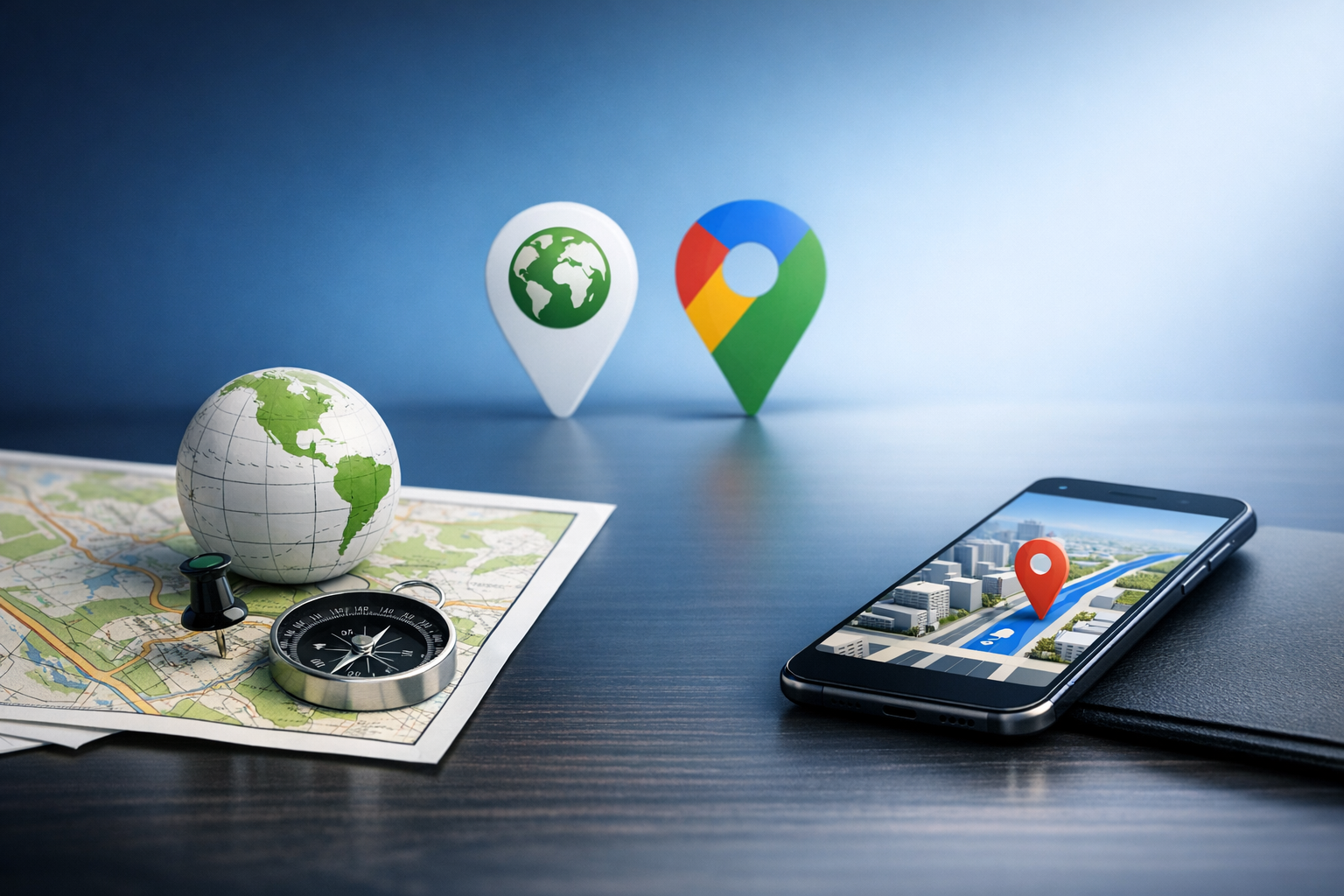 A globe, compass, and smartphone displaying a map with location pins, set on a wooden surface