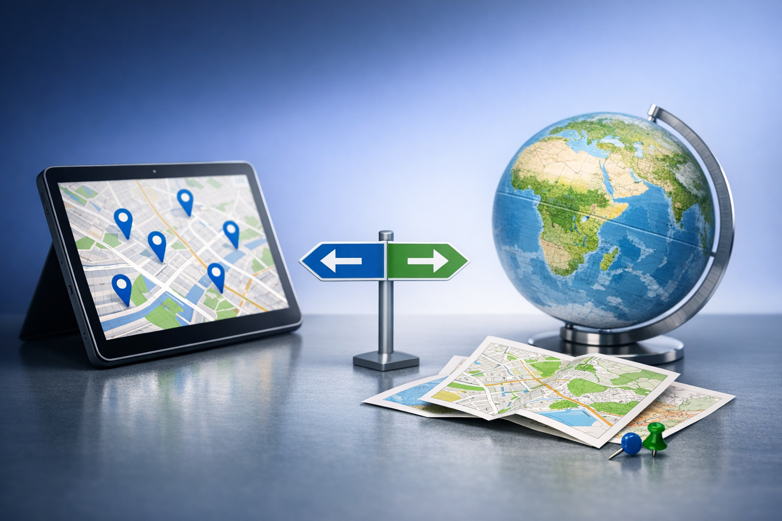 A tablet displaying a map with location pins, a globe, directional arrows, and printed maps with a push pin