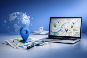 A laptop displaying a digital map with location pins, surrounded by paper maps and a magnifying glass